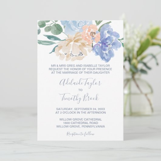 Dusty Blue Florals Formal Wedding Kaart (Staand voorkant)