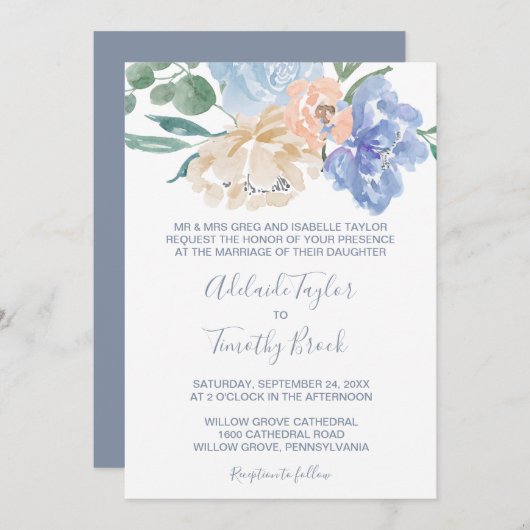 Dusty Blue Florals Formal Wedding Kaart (Voorkant / Achterkant)