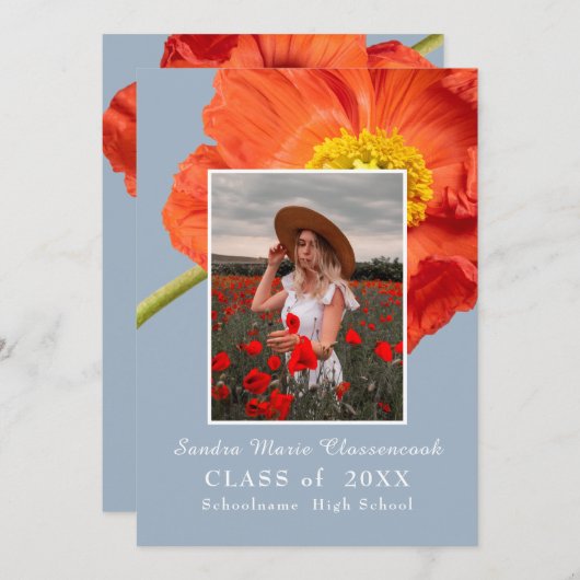 Dusty Blue Florals Foto Lijst Modern Afstuderen Aankondiging (Voorkant / Achterkant)