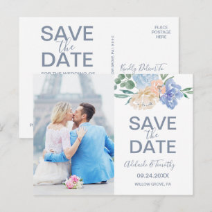 Dusty Blue Florals Foto Save the Date Briefkaart