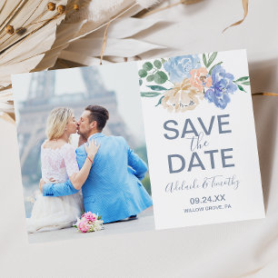 Dusty Blue Florals Foto Save the Date Kaart