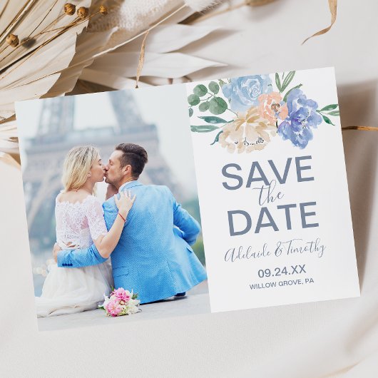 Dusty Blue Florals Foto Save the Date Kaart