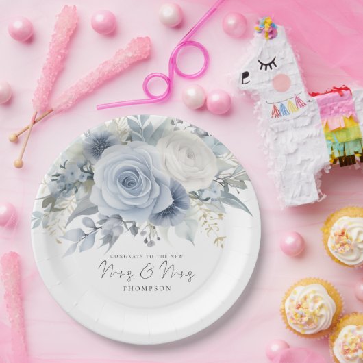 Dusty Blue Florals Gefeliciteerd Mrs en Mrs Weddin Papieren Bordje (Feest)