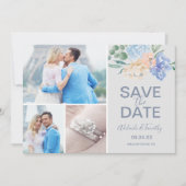 Dusty Blue Florals | Gray 3 Foto-collage Save The Date (Voorkant)