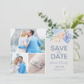 Dusty Blue Florals | Gray 3 Foto-collage Save The Date (Staand voorkant)