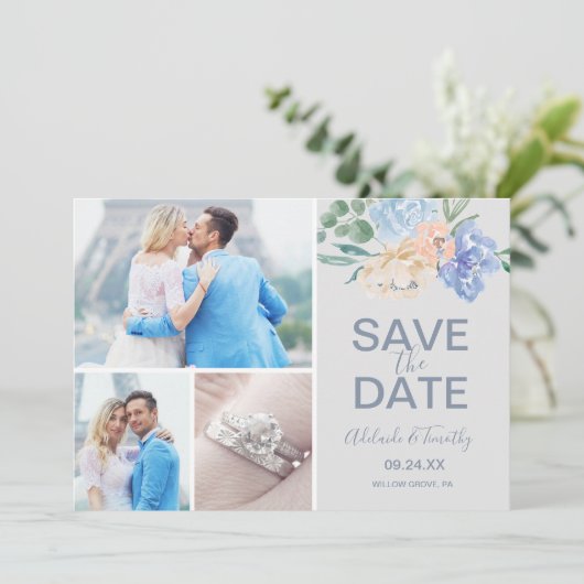 Dusty Blue Florals | Gray 3 Foto-collage Save The Date (Staand voorkant)