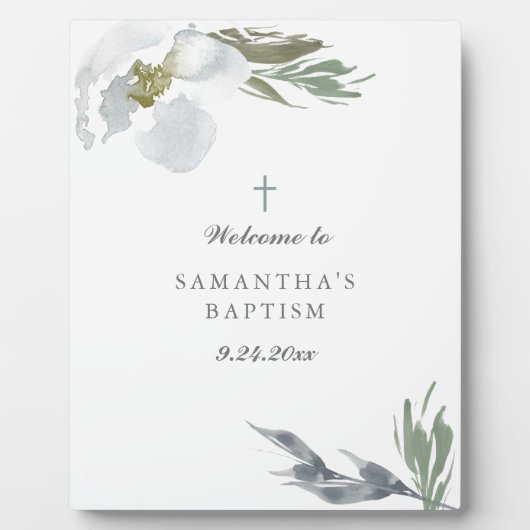 Dusty Blue Florals Greenery Baptism Fotoplaat (Voorkant)