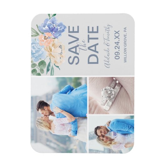 Dusty Blue Florals | Grijs 3 Foto Opslaan datum Magneet (Verticaal)
