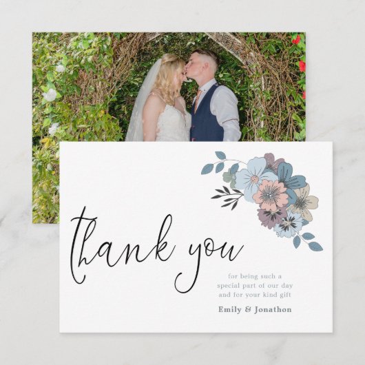 Dusty Blue Florals Illustratie Script Foto Bedankkaart (Voorkant / Achterkant)