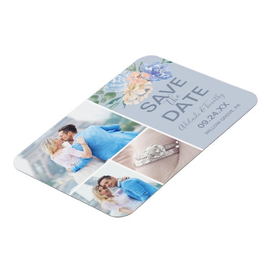 Dusty Blue Florals | Leid 3 Foto Opslaan Datum Magneet (Linkerzijde)