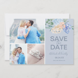 Dusty Blue Florals   Leisteen 3 Foto-collage Save The Date