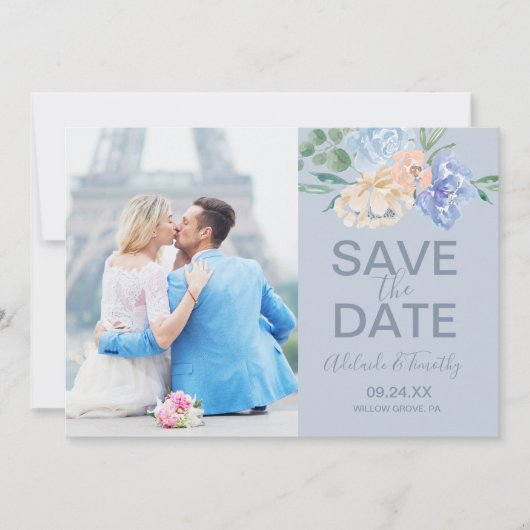 Dusty Blue Florals | Leistoeffoto Save The Date (Voorkant)