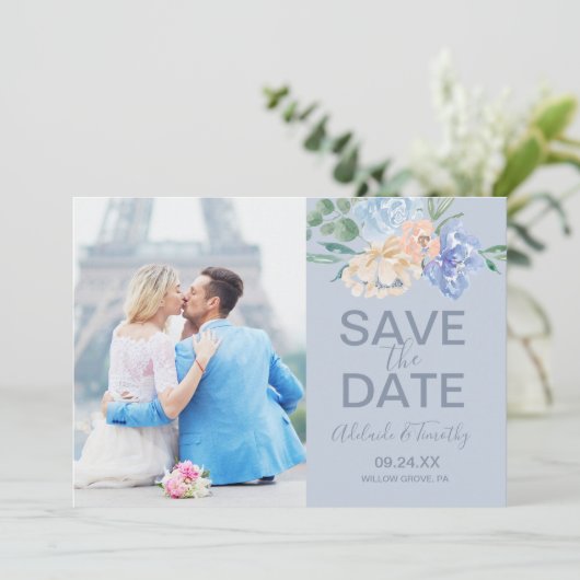 Dusty Blue Florals | Leistoeffoto Save The Date (Staand voorkant)