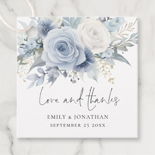 Dusty Blue Florals Liefde Bedankt Bruiloft Bedankjes Labels (Voorkant)