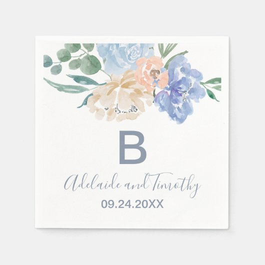 Dusty Blue Florals Monogram Weddenschap Servet (Voorkant)