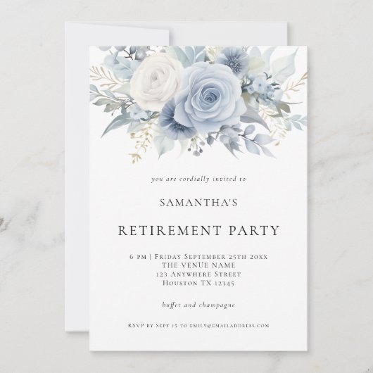 Dusty Blue Florals Pensioen Party Uitnodiging (Voorkant)
