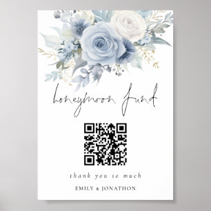 Dusty Blue Florals QR Code Huwelijksreis Fonds Bru Poster