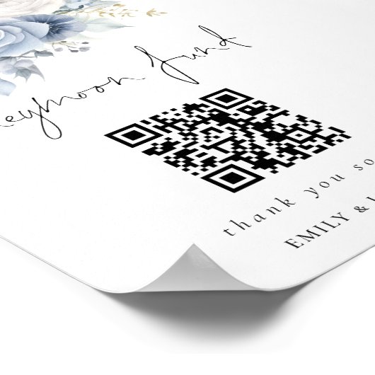 Dusty Blue Florals QR Code Huwelijksreis Fonds Bru Poster (Hoek)