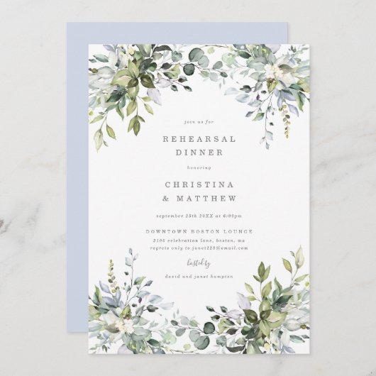 Dusty Blue Florals Rehearsal Dinner Invite Menu (Voorkant / Achterkant)