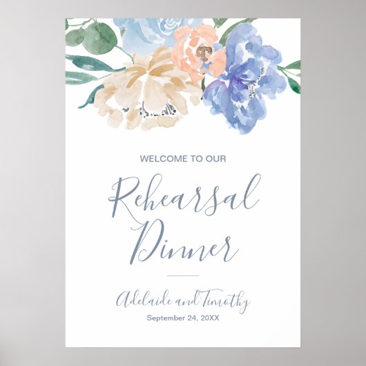 Dusty Blue Florals repetitie diner welkomstbord Poster (Voorkant)