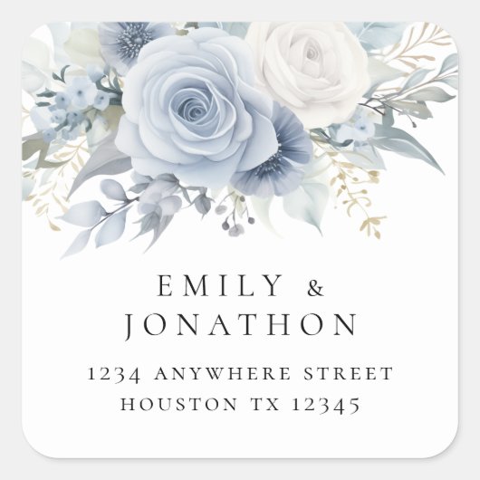 Dusty Blue Florals Retournaam Adres Classi Vierkante Sticker (Voorkant)