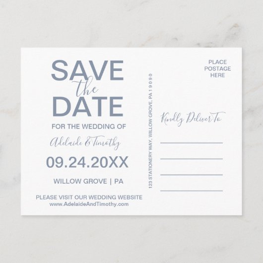Dusty Blue Florals Save the Date 3 Photo Briefkaar Aankondigingskaart (Achterkant)