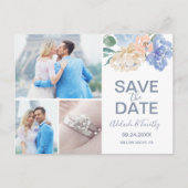 Dusty Blue Florals Save the Date 3 Photo Briefkaar Aankondigingskaart (Voorkant)