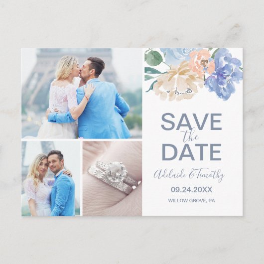 Dusty Blue Florals Save the Date 3 Photo Briefkaar Aankondigingskaart (Voorkant)