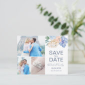 Dusty Blue Florals Save the Date 3 Photo Briefkaar Aankondigingskaart (Staand voorkant)