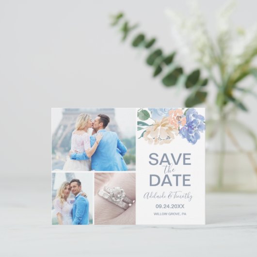 Dusty Blue Florals Save the Date 3 Photo Briefkaar Aankondigingskaart (Staand voorkant)