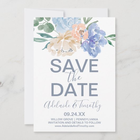 Dusty Blue Florals Save the Date Kaart (Voorkant)