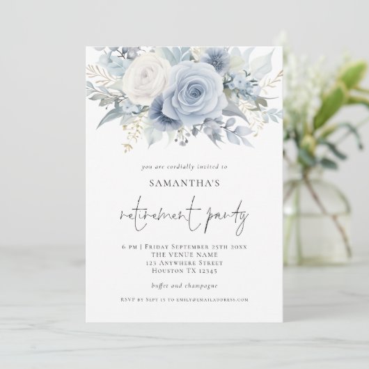 Dusty Blue Florals Script Pensioenfeest Uitnodigen Kaart (Staand voorkant)