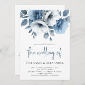 Dusty Blue Florals Script QR Code Bruiloft Kaart (Voorkant / Achterkant)