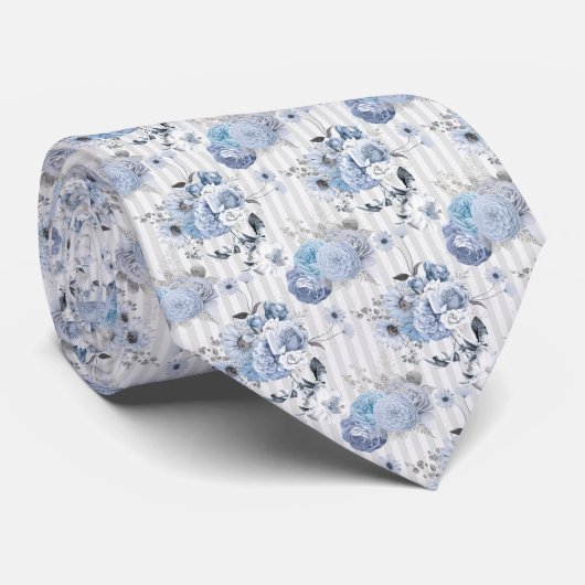 Dusty Blue Florals & Stripes - Neck Tie Stropdas (Opgerold)
