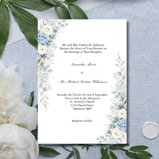 Dusty Blue Florals Traditional Church Wedding Kaart