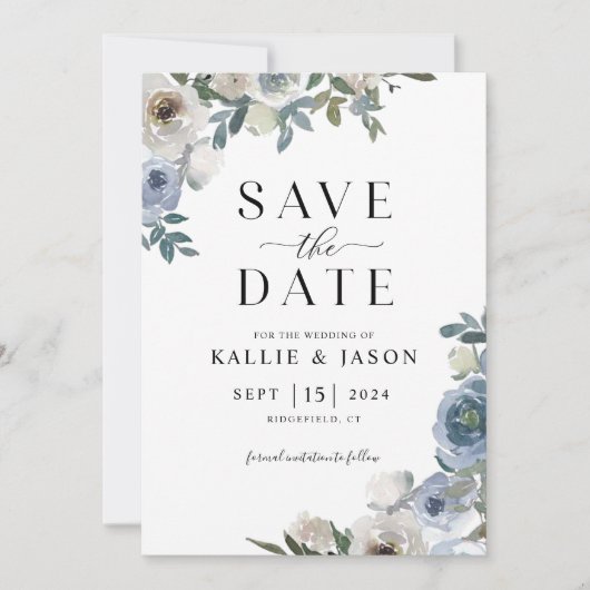 Dusty Blue Florals Waterverf Save the Date Kaart (Voorkant)