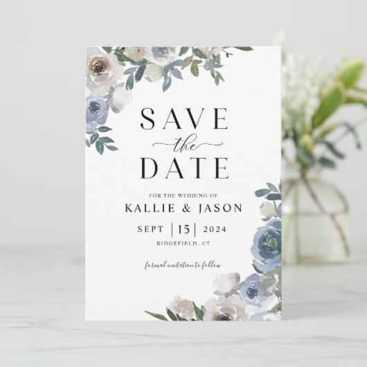 Dusty Blue Florals Waterverf Save the Date Kaart (Staand voorkant)