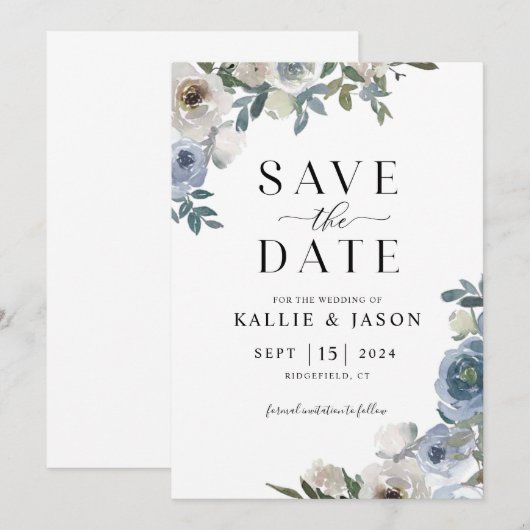 Dusty Blue Florals Waterverf Save the Date Kaart (Voorkant / Achterkant)