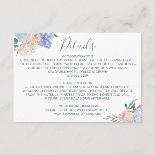 Dusty Blue Florals Wedding Details Kaart (Voorkant)