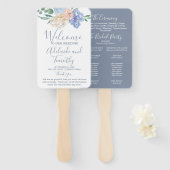 Dusty Blue Florals Wedding Programme Handwaaier (Voorkant en achterkant)