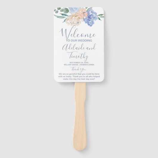 Dusty Blue Florals Wedding Programme Handwaaier (Voorkant)