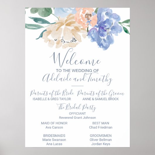 Dusty Blue Florals Wedding Programme Poster (Voorkant)