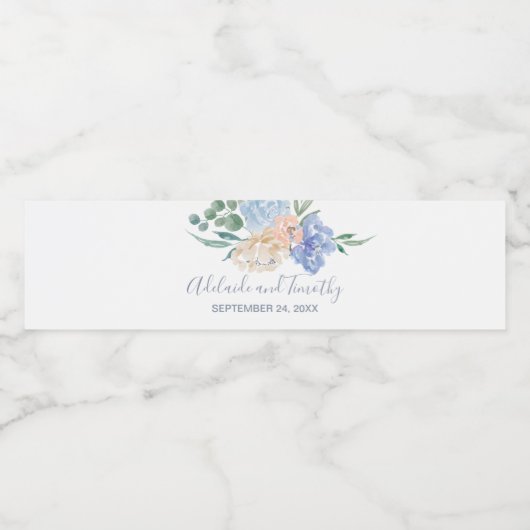 Dusty Blue Florals Wedding Waterfles Etiket (Enkel label)