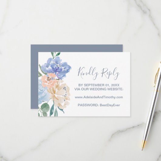 Dusty Blue Florals Wedding Website RSVP Card (Voorkant / Achterkant in situ)