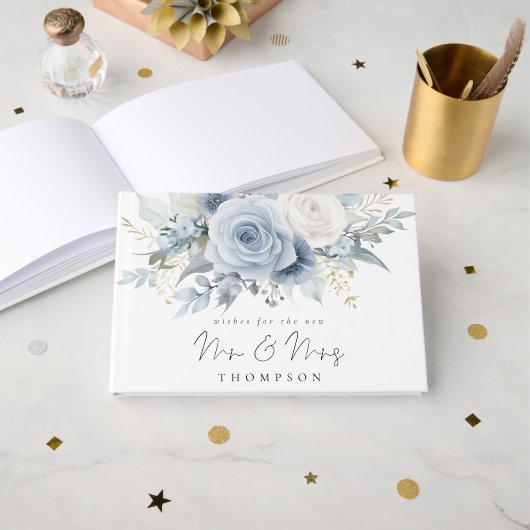 Dusty Blue Florals wenst nieuwe Mr. Mrs Gastenboek (Voorkant open)