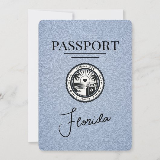 Dusty Blue Florida Passport Wedding Invitation Kaart (Achterkant)