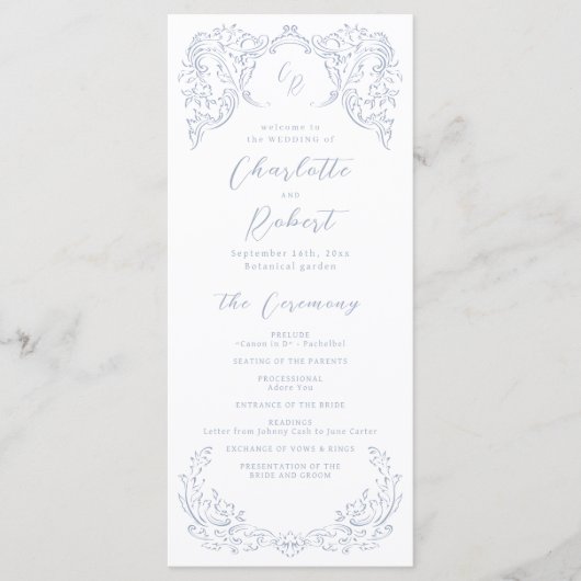 Dusty Blue Flourish Monogram Programma (Voorkant)