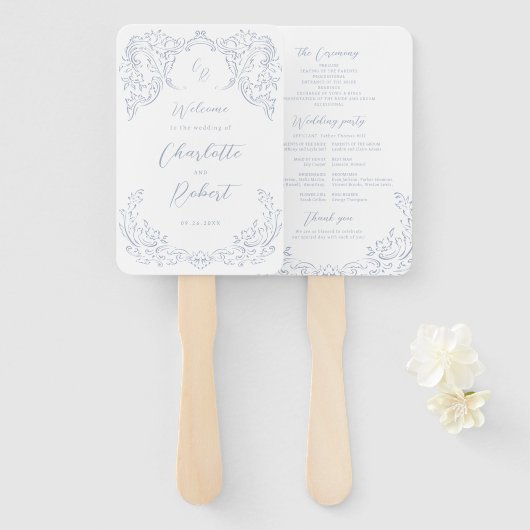 Dusty Blue  Flourish Monogram Programma Handwaaier (Voorkant en achterkant)