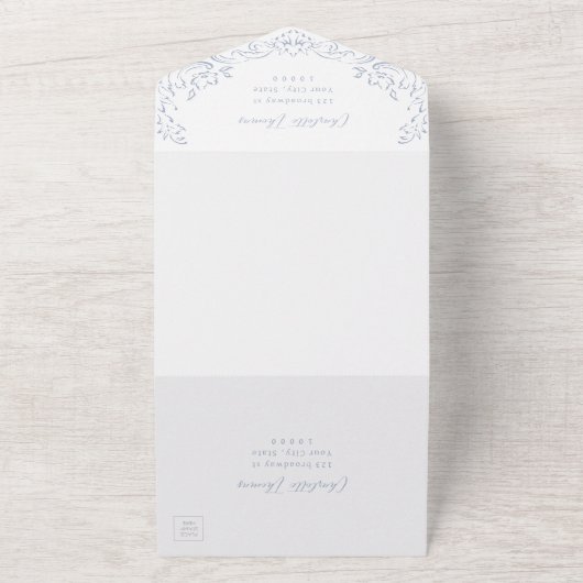Dusty Blue  Flourish Monogram Wedding All In One Uitnodiging (Buitenkant)