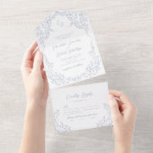 Dusty Blue  Flourish Monogram Wedding All In One Uitnodiging (Afscheurbaar)